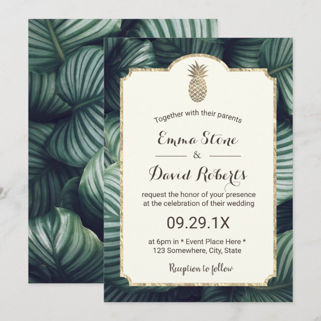 Luau Tropical Leaves Gold Pineapple Wedding Invitation (Front/Back)