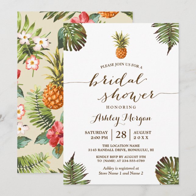 Luau Tropical Leaves Pineapple Bridal Shower Invitation (Front/Back)