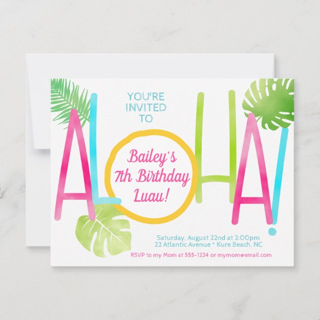 Luau Tropical Pink Blue & Green Aloha Birthday Invitation (Front)