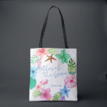 Luau tropical wedding mother of the groom tote bag<br><div class="desc">Pink blue and green colourful Hawaiian hibiscus wreath, a pink watercolor flamingo bird and a starfish making a pretty mother of the groom favour tote bag for a summer seaside / ocean beach / aloha luau destination wedding with aqua blue calligraphy script and editable text. Personalise it with your details!...</div>