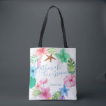 Luau tropical wedding mother of the groom tote bag<br><div class="desc">Pink blue and green colourful Hawaiian hibiscus wreath, a pink watercolor flamingo bird and a starfish making a pretty mother of the groom favour tote bag for a summer seaside / ocean beach / aloha luau destination wedding with aqua blue calligraphy script and editable text. Personalise it with your details!...</div>