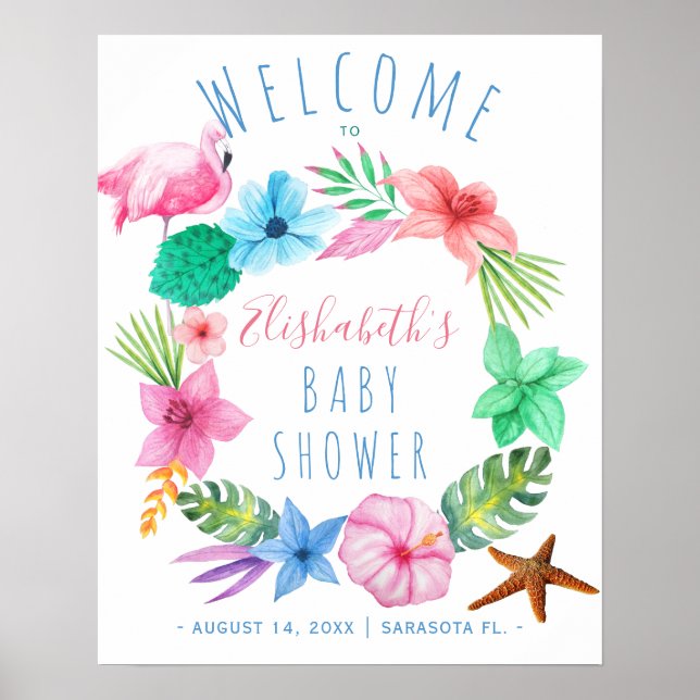 Luau tropical wreath baby shower welcome sign (Front)