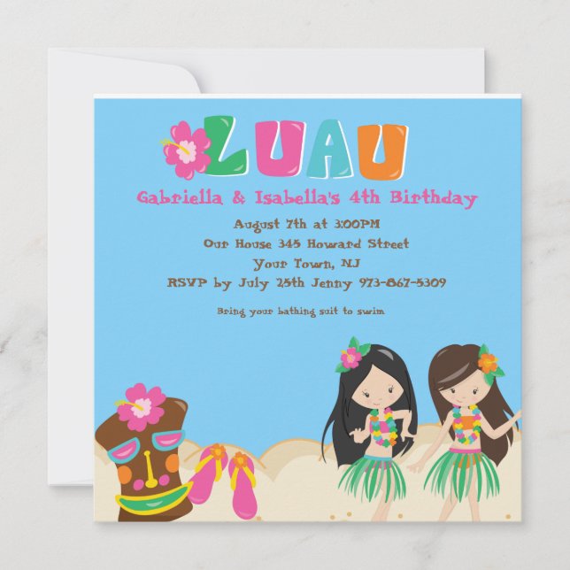 Luau Twin Girl and Tiki Square Birthday Invitation (Front)