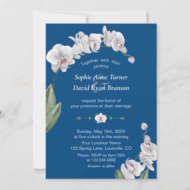 Luau Watercolor White Orchid Classic Blue Wedding Invitation (Front)