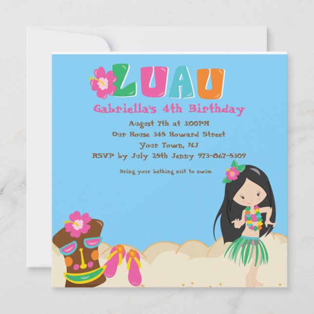 Luau With Girl and Tiki Square Birthday Invitation (Front)