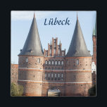 Lübeck Holstentor Gate photo Magnet<br><div class="desc">A photograph of the Holstentor in Luebeck, Schleswig-Holstein, Germany is featured on this souvenir magnet. The text is customisable or removable. The magnets make an ideal gift, or a personal present to stick on your fridge or filing cabinet. This square magnet is 2" x 2" (5cm x 5cm) or you...</div>