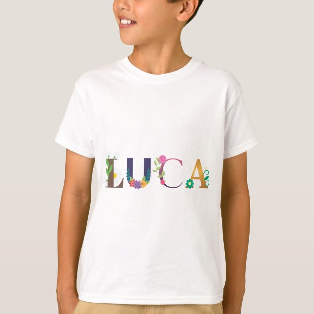 LUCA Name Art With Flowers Embroidered T-Shirt (Front)