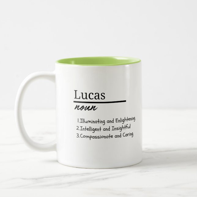 Lucas, Boy Personalised Name Definition Two-Tone Coffee Mug (Left)