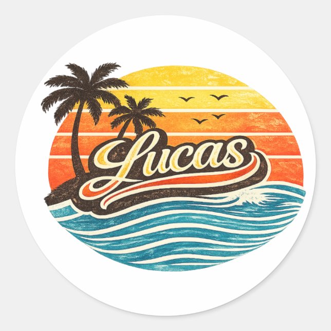 Lucas Retro Sunset Name Design Classic Round Sticker (Front)