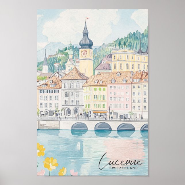Lucerne Switzerland Gouache Illustration Travel Poster (Front)