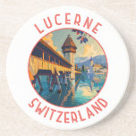 Lucerne Switzerland Retro Distressed Circle Coaster<br><div class="desc">Lucerne retro vector travel design. Lucerne,  a compact city in Switzerland known for its preserved mediaeval architecture,  sits amid snowcapped mountains on Lake Lucerne.</div>