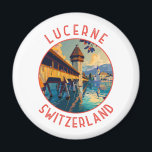 Lucerne Switzerland Retro Distressed Circle Magnet<br><div class="desc">Lucerne retro vector travel design. Lucerne,  a compact city in Switzerland known for its preserved mediaeval architecture,  sits amid snowcapped mountains on Lake Lucerne.</div>