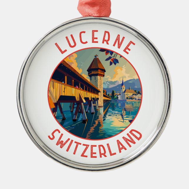 Lucerne Switzerland Retro Distressed Circle Metal Tree Decoration (Front)