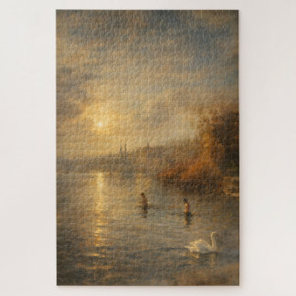 Lucerne Switzerland Sunrise Swan Fine Art Puzzle