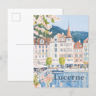 Lucerne Switzerland Watercolor Painting Travel Postcard