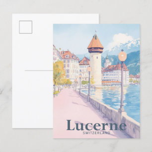 Lucerne Switzerland Watercolor Travel Illustration Postcard