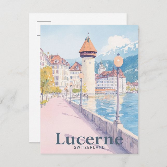 Lucerne Switzerland Watercolor Travel Illustration Postcard (Front/Back)