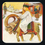 Lucia Riding a Christmas Goat Square Sticker<br><div class="desc">Cute image of little Lucia with her candle crown riding the Christmas Yule Goat in the snow.  Vintage image c1916.</div>