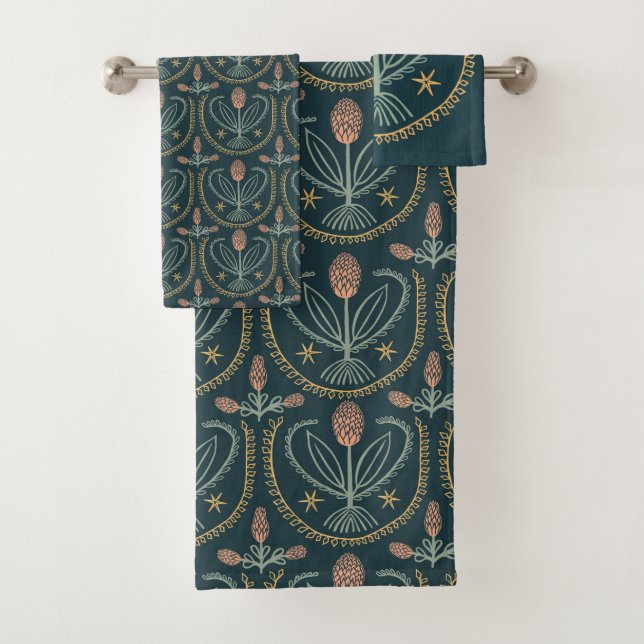 Lucile Floral Botanical Tile Pattern Dark Green Bath Towel Set (Insitu)