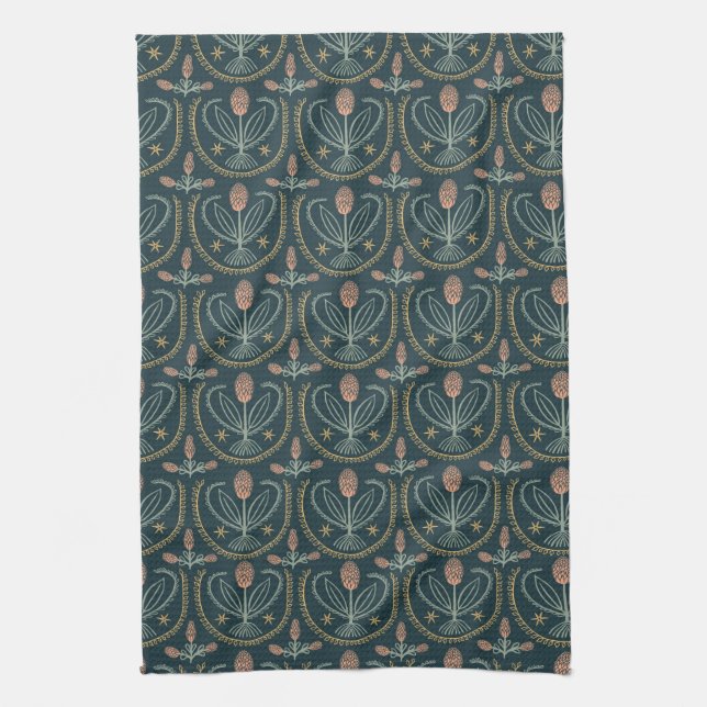 Lucile Flower Tile Dark Green Pattern Tea Towel (Vertical)