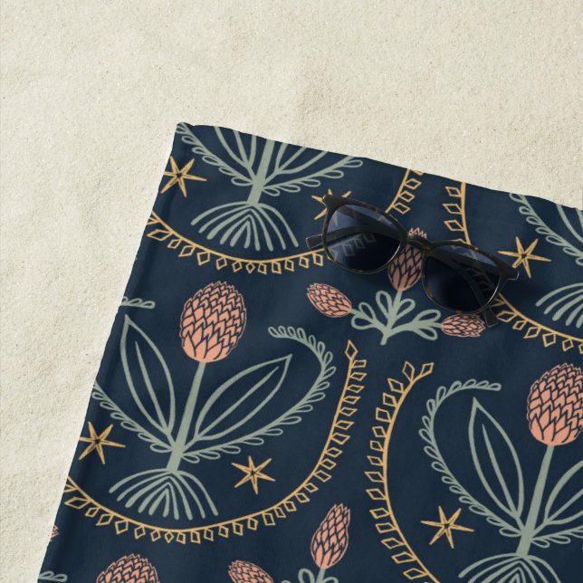 Lucile Hand Drawn Tiles Floral Pattern Navy Beach Towel (In Situ)