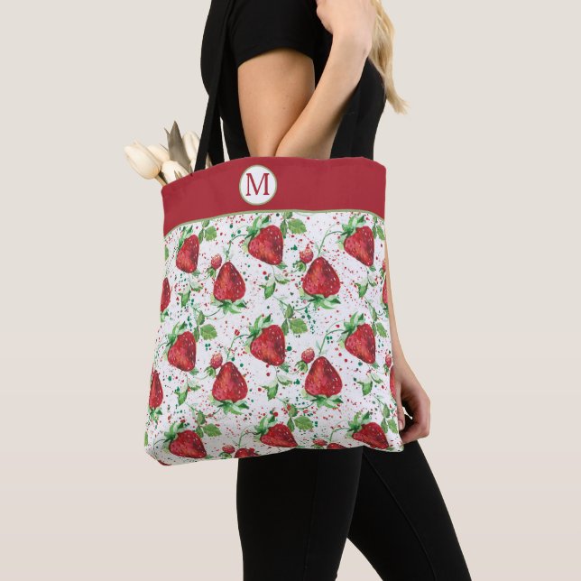 Lucious Summer Strawberry Pattern Monogram Tote Bag (Close Up)