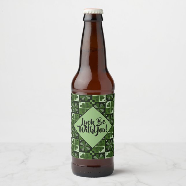 Luck Be With You Shamrock Chequerboard Pattern  Beer Bottle Label (Front)