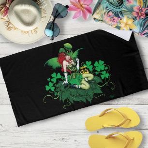 Luck Irish Green Fairy Red Hair Shamrock Beach Towel