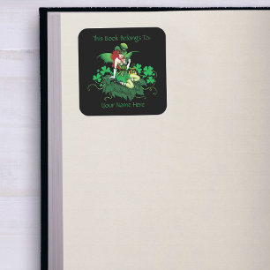 Luck Irish Green Fairy Red Hair Shamrock Bookplate Square Sticker