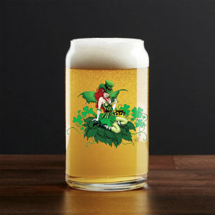 Luck Irish Green Fairy Red Hair Shamrock  Can Glass