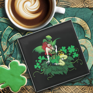 Luck Irish Green Fairy Red Hair Shamrock  Glass Coaster