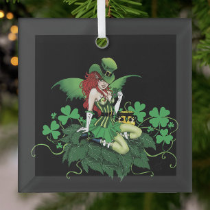 Luck Irish Green Fairy Red Hair Shamrock Glass Tree Decoration