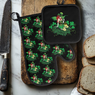 Luck Irish Green Fairy Red Hair Shamrock Oven Mitt & Pot Holder Set