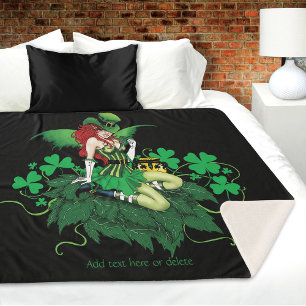 Luck Irish Green Fairy Red Hair Shamrock  Sherpa Blanket