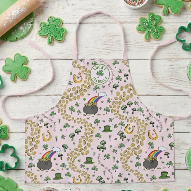Luck & Joy Coins & Green Shamrocks St Patricks Day Apron (Cute Pink and Green St Patricks Day Kids Apron. Hand Drawn Rainbow, Pot of Gold, Green Shamrocks)