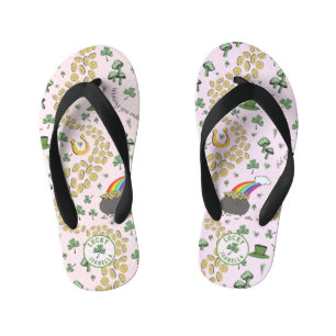Luck & Joy Coins & Green Shamrocks St Patricks Day Kid's Flip Flops