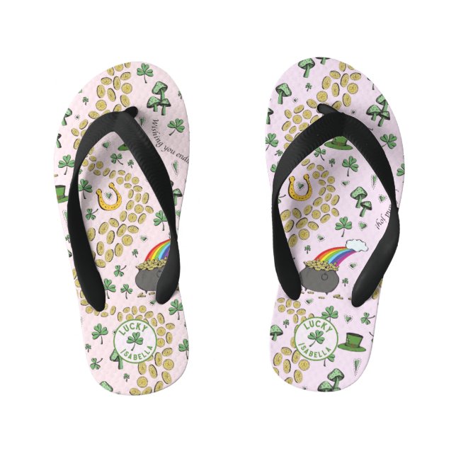 Luck & Joy Coins & Green Shamrocks St Patricks Day Kid's Flip Flops (Footbed)