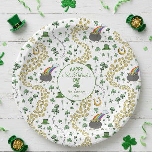 Luck & Joy Coins & Green Shamrocks St Patricks Day Paper Plate