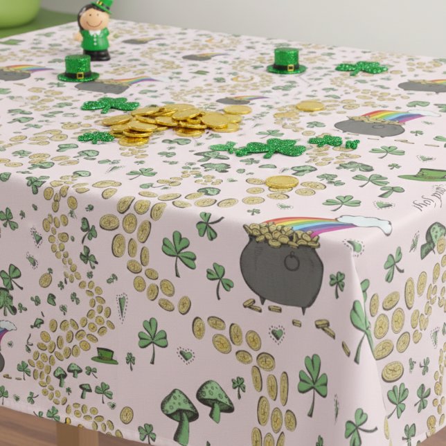 Luck & Joy Coins & Green Shamrocks St Patricks Day Tablecloth (Pink & Green Lucky Shamrock, Pot of Gold, Rainbow & Good Luck Gold Coins St Patrick's Day Tablecloth)