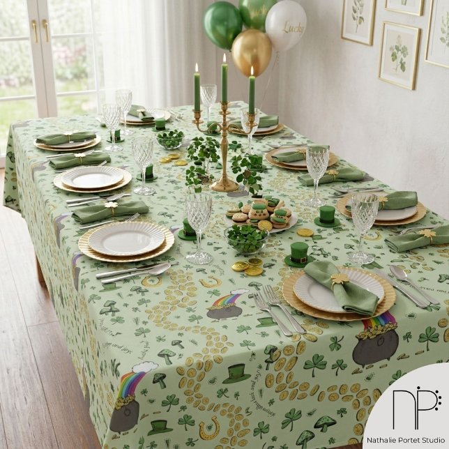 Luck & Joy St Patricks Day Tablecloth (Hand drawn St Patricks Day tablecloth with luck and joy messages and whimsical Irish party art)