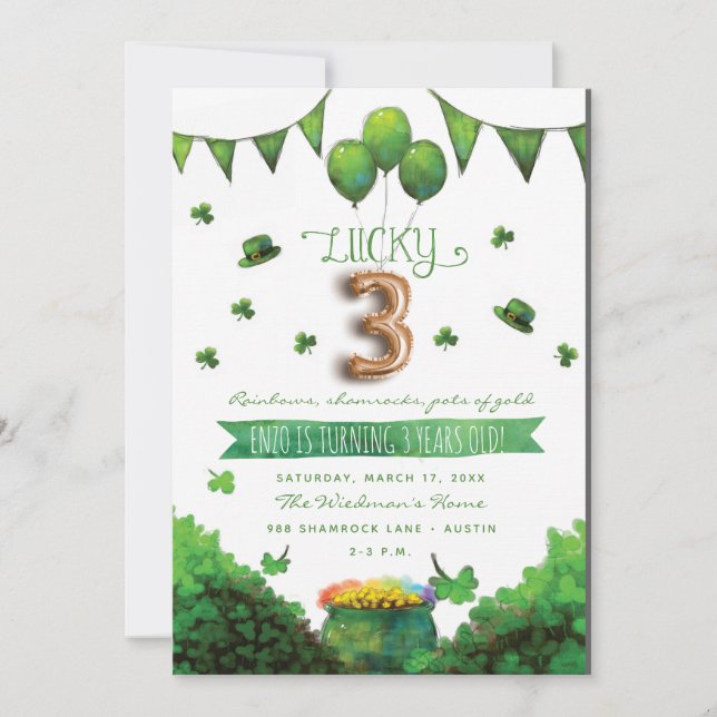 Lucky 3 Patrick's Day Birthday Party Invitations (Front)