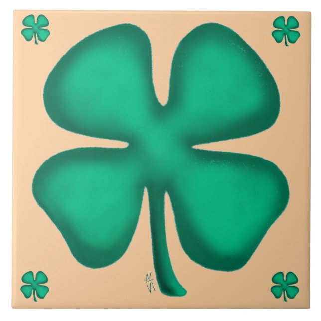 Lucky 4 Leaf Irish Clover 5 tan large tile (Front)