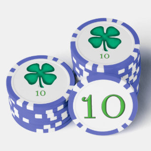 Lucky 4 Leaf Irish Clover blu 10 stripe poker chip