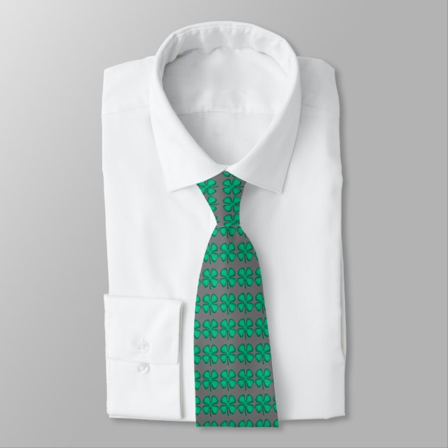 Lucky 4 Leaf Irish Clover grey necktie (Tied)