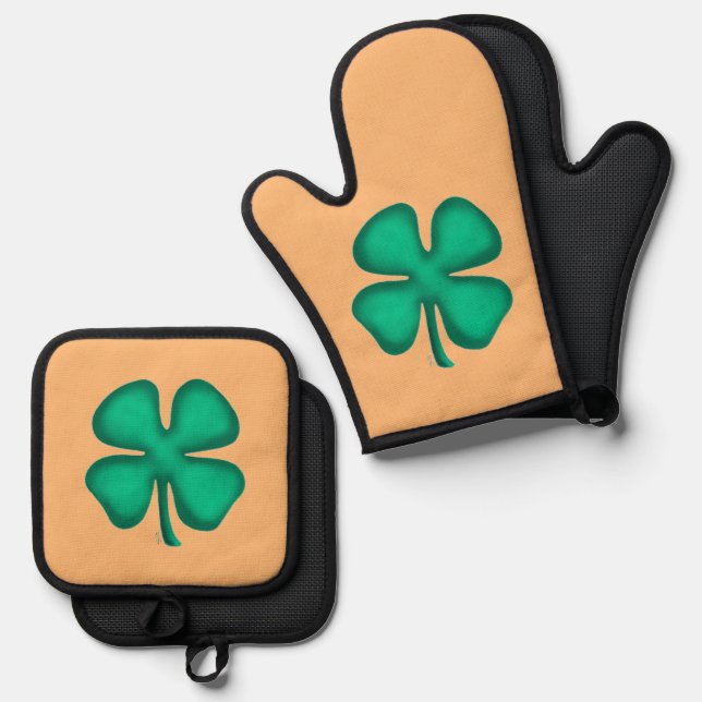 Lucky 4 Leaf Irish Clover oven mitts pot holders Oven Mitt & Pot Holder Set (Front/Back)
