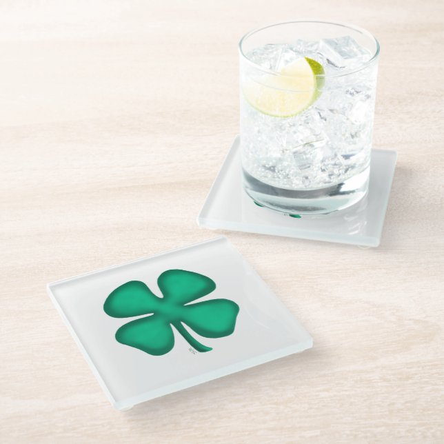 Lucky 4 Leaf Irish Clover white glass coaster (Angled)