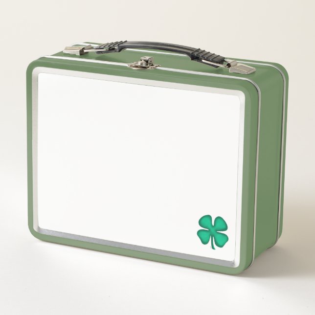  Lucky 4 Leaf Irish Clover white n green lunchbox (Front)