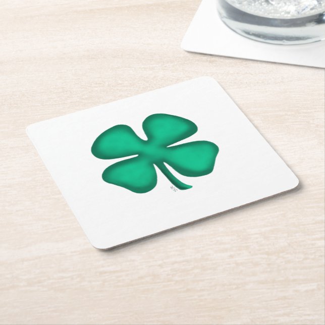 Lucky 4 Leaf Irish Clover white paper coasters (Angled)