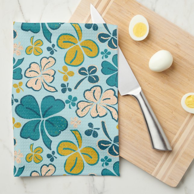 Lucky 4 Leaves Shamrocks Clover St. Patrick`s Day Tea Towel (Quarter Fold)