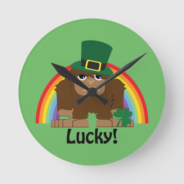 Lucky Bigfoot Leprechaun Round Clock (Front)